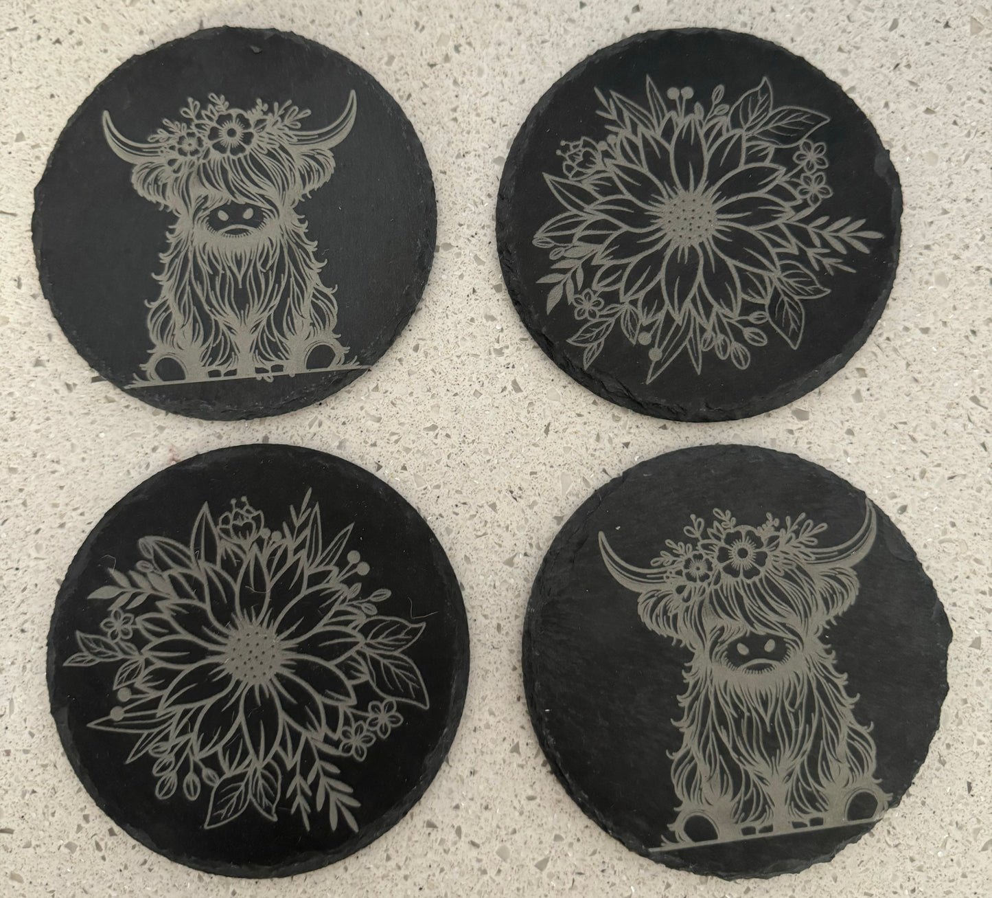 Laser Engraved Black Slate Coasters - Cows & Sunflowers