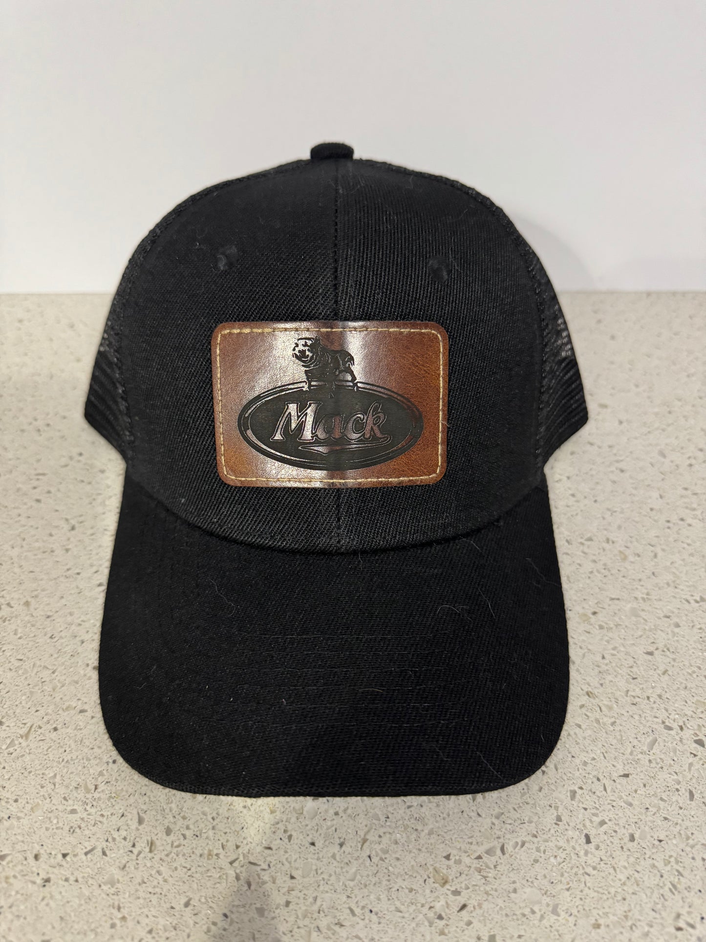 Laser engraved leather patched snap back hats - Mack