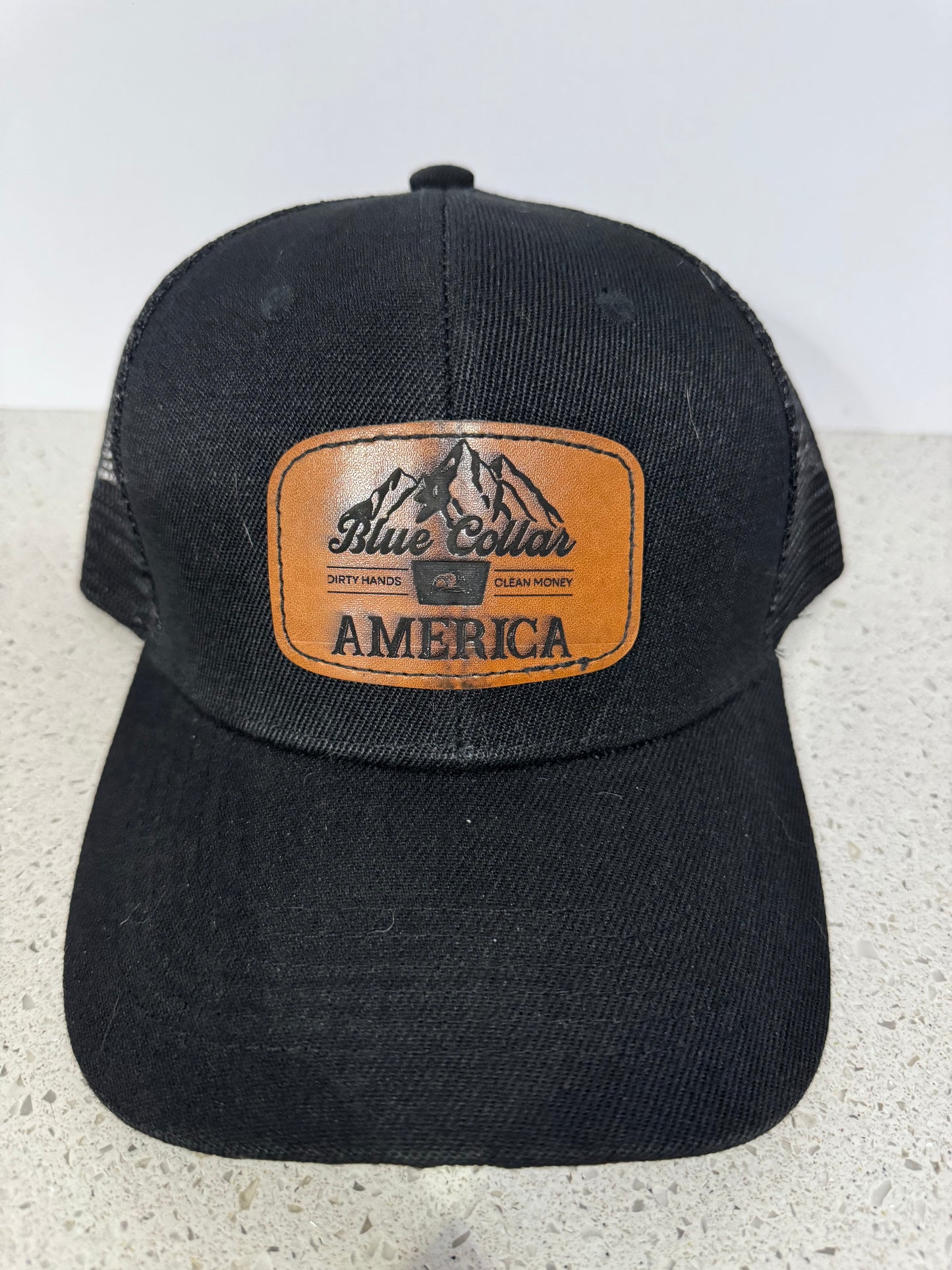 Laser engraved leather patched snap back hats - Blue Collar